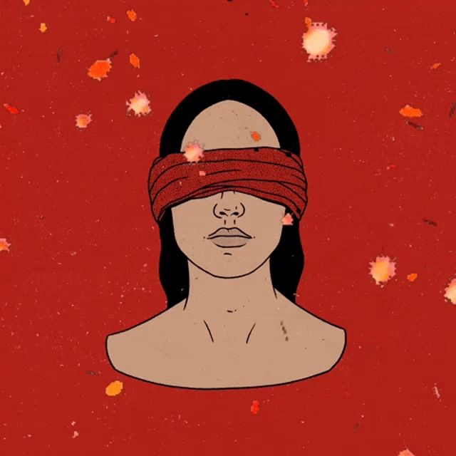 a drawing of a woman blindfolded with bullet holes in her face