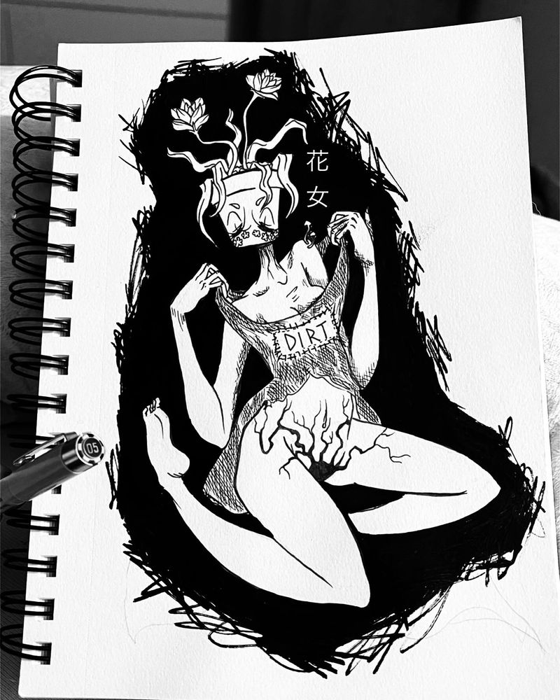 Lady kneeling wearing dirt bag with a plant pot for a head drawing