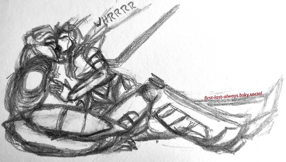 a sketchy traditional piece of megatron and pursuit
megatron sitting upright as pursuit kisses her
she has one leg slightly bent and the other out straight, her hands resting on the ground 
pursuit is in between megatron’s legs, one of her hands placed on her chest 
her antennae are slightly twitching 
there is text that reads “WHRRRR” as their engines roar 