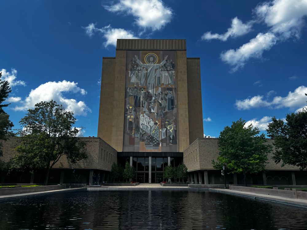 The library at Notre Dame, showing the “Touchdown Jesus” mural above the reflecting pool.