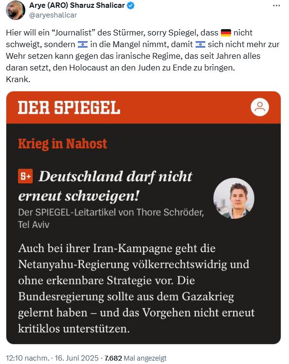 Screenshot eines X-Posts von Arye Shalicar vom 16.6.25. In seinem Post vergleicht er das Nachrichtenmagazin "Spiegel" mit der antisemitischen Wochenzeitung "Der Stürmer", die in der NS-Zeit erschien.