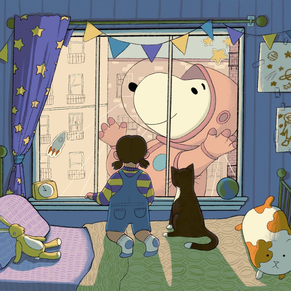 "Macy's Parade" - illustration of a small girl and her cat looking out her bedroom window at the Astronaut Snoopy parade float from the Macy's Thanksgiving Day Parade. 
