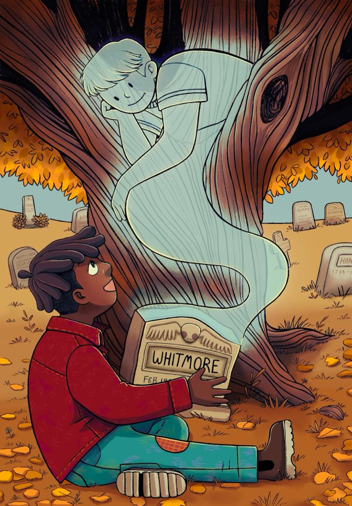 Illustration of a boy sitting in front of a grave with a boy ghost coming out of it & sitting on a large tree as they talk together. 