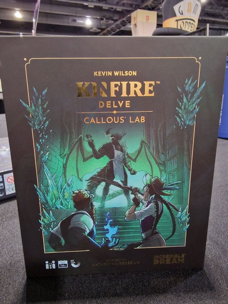 Kinfire Delve Callous' Lab box art with Callous and the two adventurers in a face-off.