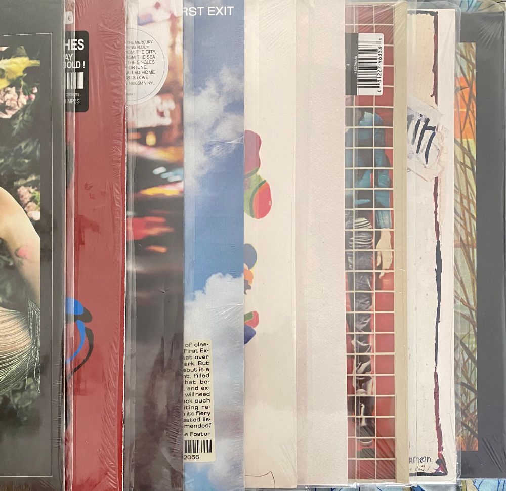 9 vinyles dont on ne voit que la tranche droite 