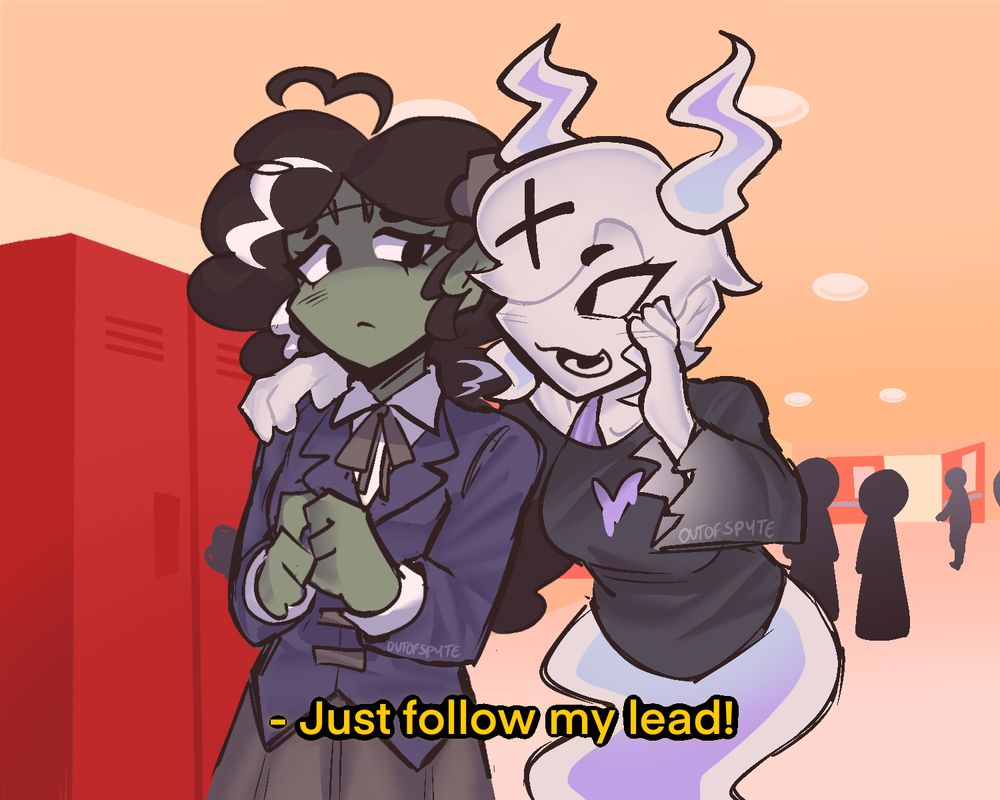 pastel goth ghost girl whispers to timid frankenstein girlie in the middle of a school hallway, saying "just follow my lead!"