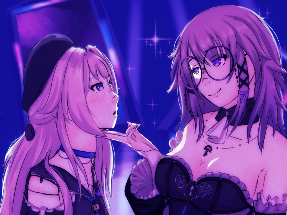 art of herta and the herta from honkai: star rail. the herta has her fingers under lil herta’s chin, lifting her chin to lock eyes. she’s smiling in amusement while lil herta stares at her in rapture. the background is dark and starry, with some of the herta’s mirrors behind them. they are both lit from behind and heavily shadowed. the herta’s design has been altered slightly from canon, with no hat, short hair, and a pair of round glasses