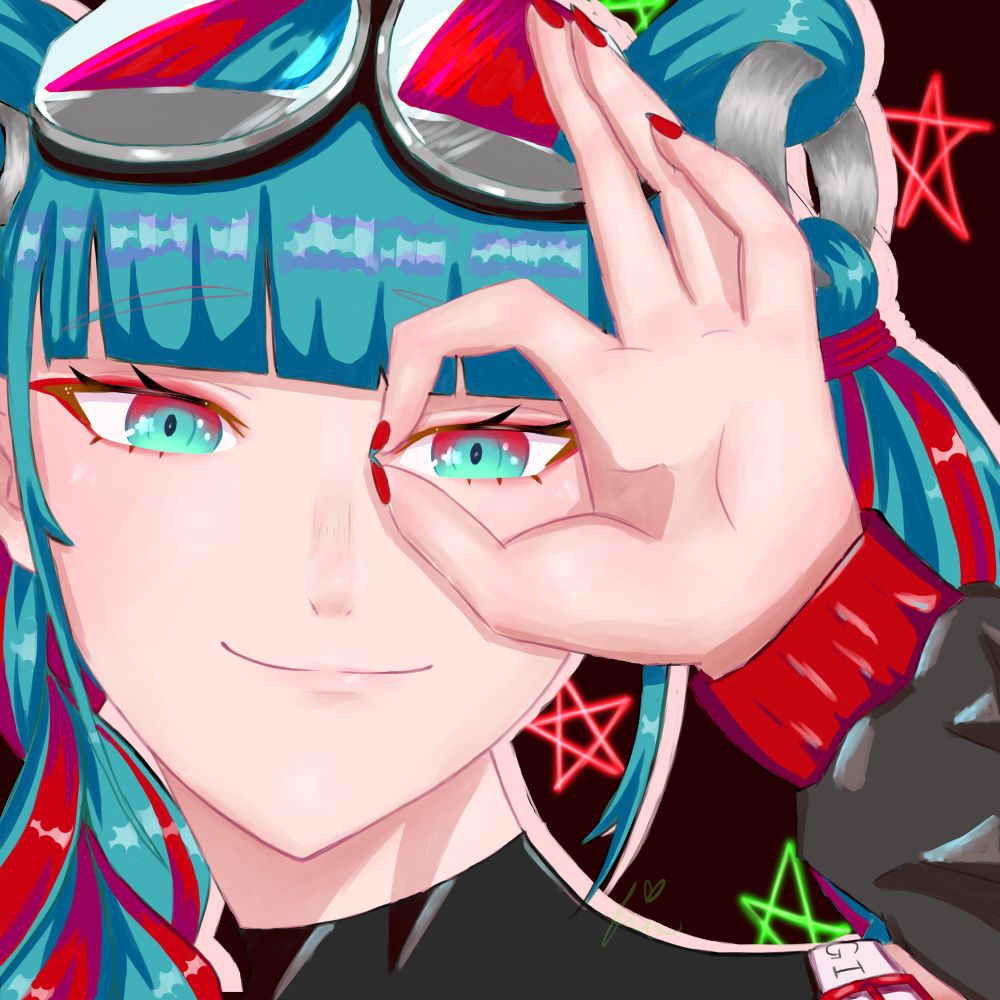 2023 magical mirai hatsune miku (the one designed by lam for the song “hero”). only her neck and left hand are visible. her eyes are half closed and she has a cool, calm smile on her face. she has her forefinger and thumb brought together in a circle and held up in front of her left eye. 
this miku has red streaks in her teal hair, and her twin tails are in large braids. her bangs are blunt cut. 
the background is flat black w neon green and red stars