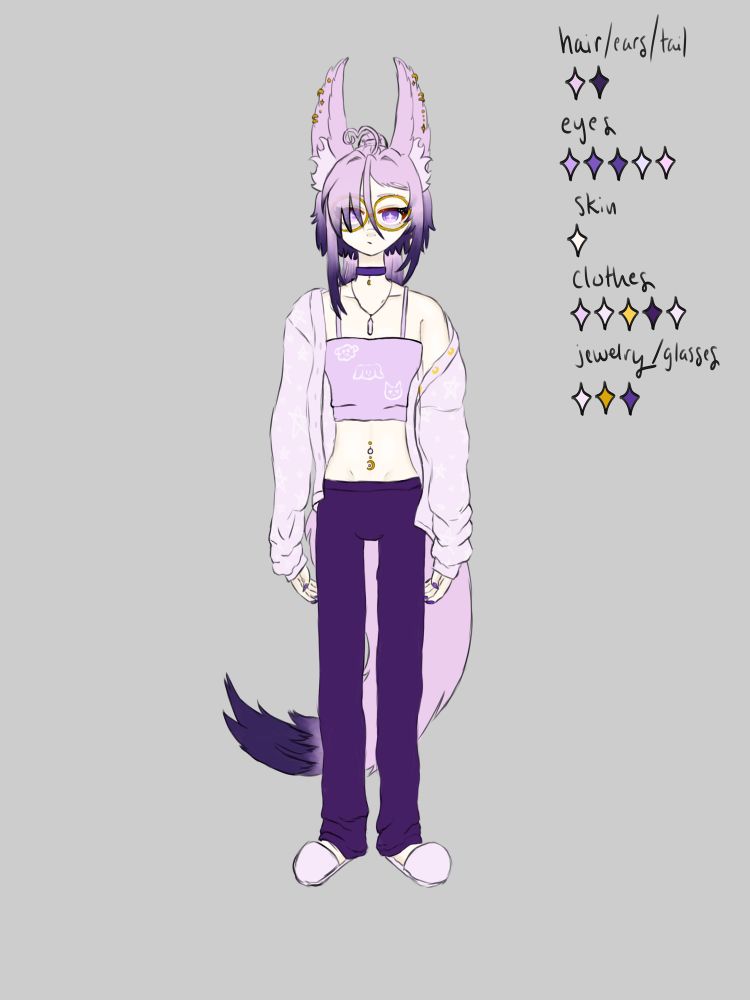 the reference sheet for fio’s artist sona (and vtuber technically). they’re a purple fox w big floppy ears and an equally big fluffy tail. their hair is light purple w a dark purple gradient and cut in a jellyfish cut, with the long part tied up in a ponytail. their bangs cover their right eye (viewer’s left). fio’s eyes are purple w light star shaped pupils. they wear round gold glasses that have a crystal hanging down on the left (viewer’s right). they have several gold piercings in each ear and a crescent moon belly button piercing, as well as a choker and crystal necklace. their outfit is pajamas, a simple cropped tank top and slouchy dark purple pj pants w bedroom slippers and an oversized sweater. the tank top has chibis of fio’s ocs on it, and the sweater has a light star pattern on it