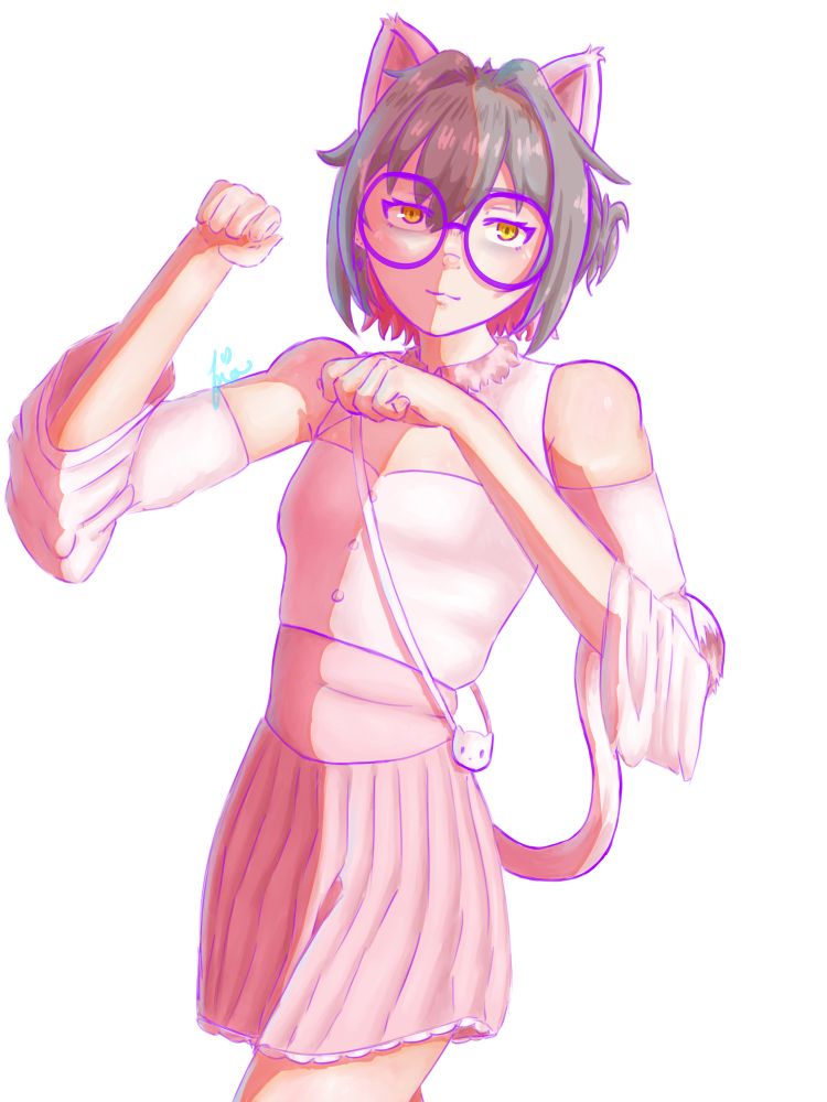 fio’s oc astra in a white and pink kitty outfit. astra’s holding their hands up like cat paws and smiling at the camera