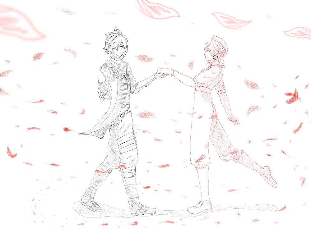 a sketch of alhaitham and kaveh from genshin impact drawn in a pose from clair obscure expedition 33. haitham is drawn in black and wearing gustave’s expedition outfit. his right arm is tucked behind his back and his left is offered out towards kaveh. kaveh is drawn in dark red wearing a modified version of sophie’s outfit. his left hand rests atop alhaitham’s, right stretched out behind him while they dance. the pair are surrounded by flower petals