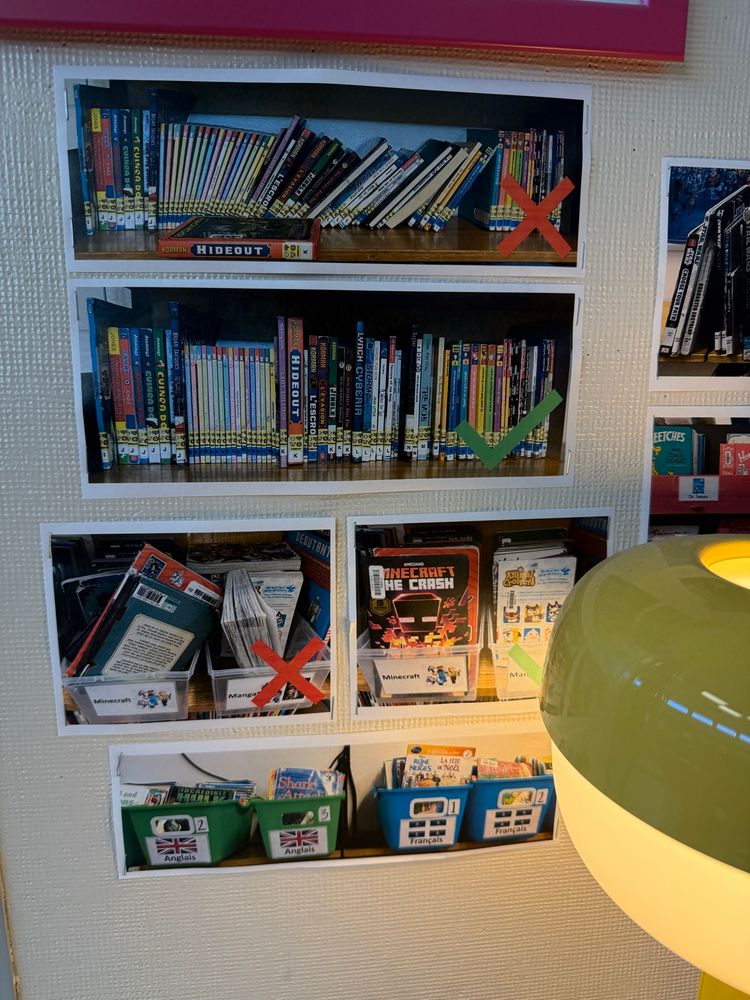 A close up on the photo instructions of how the library shelves should be tidied. There are printed photos with an X showing the incorrect way and matching photos with a check showing the correct way