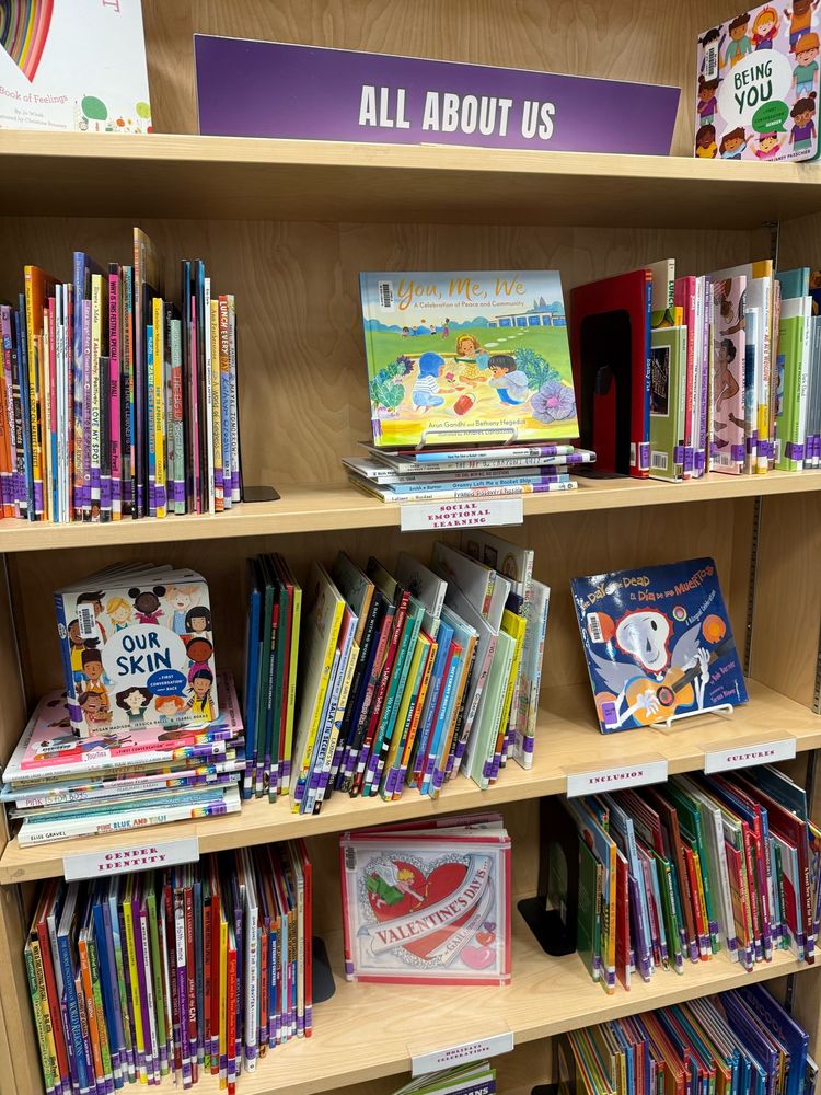 A library shelf showing a section called “All About Us”