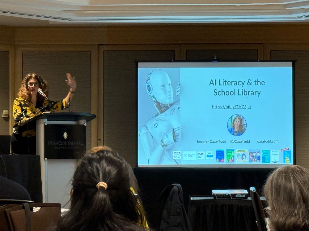 Jennifer Casa-Todd presenting with a slide titled “AI Literacy & the School Library”