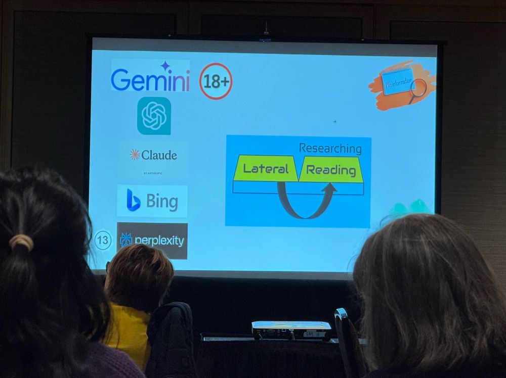 A slide that has many popular GenAI down the side with 18+ next to them. In the middle of the slide is a graphic with Lateral Reading replaced with Lateral Researching