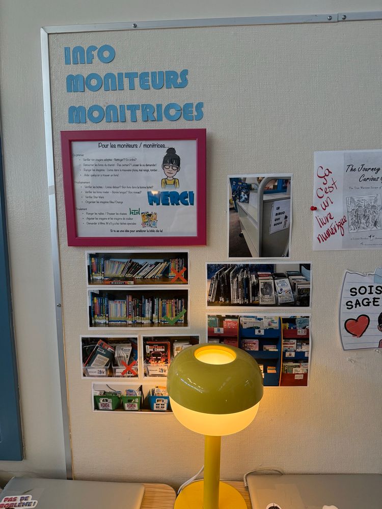 A wall with signage and photos of how the library shelves should be tidied