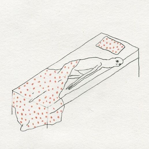 A reaction image of a poorly drawn person laying in bed looking miserable and half covered with a blankie