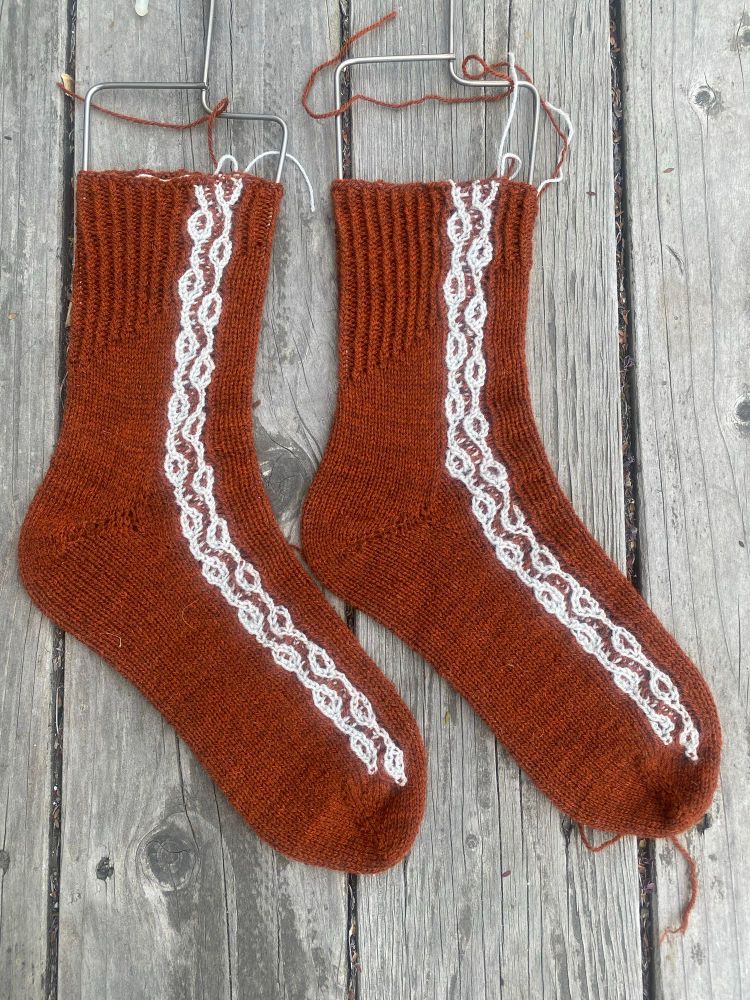 2 Rust colored socks with grey accent- 2 bands of Intarsia Brioche along the length - side view