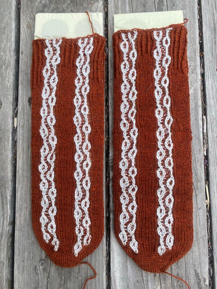 2 Rust colored socks with grey accent- 2 bands of Intarsia Brioche along the length - front view