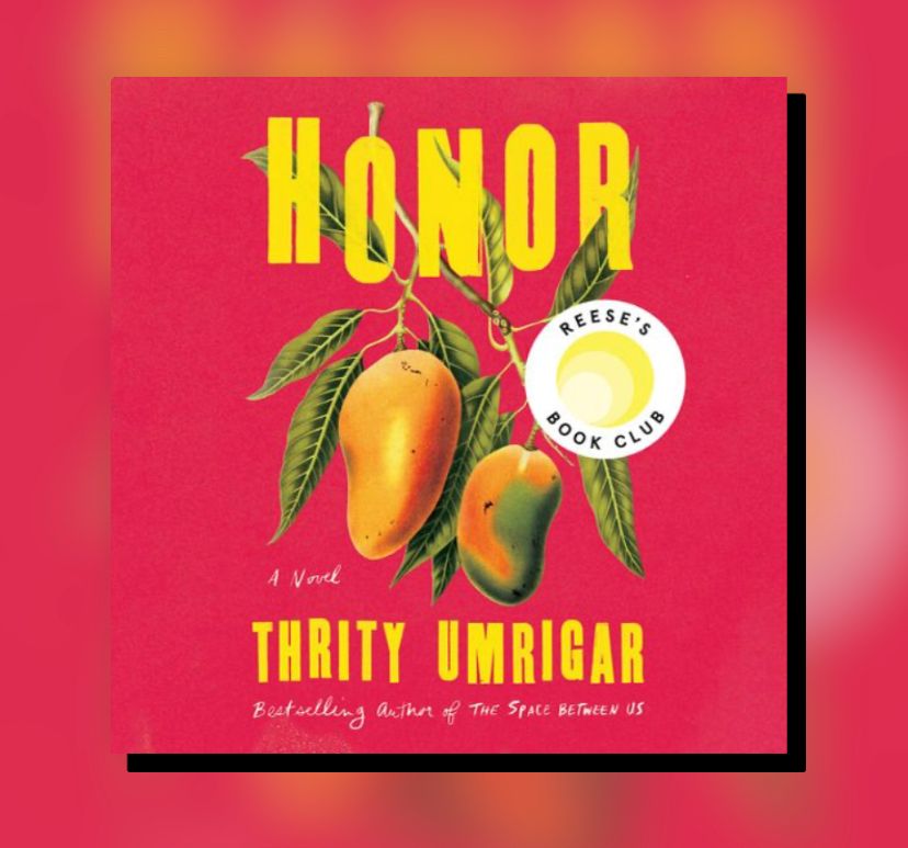 The title page of the book Honor. A red background with 2 Mangoes and the Title and Author‘s name. #bookclub #reading #listentobooks