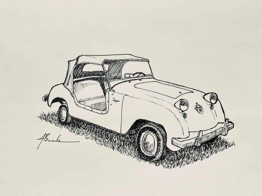 Pen and ink drawing of a 1950 Crosley Super Sport, a small convertible. 
