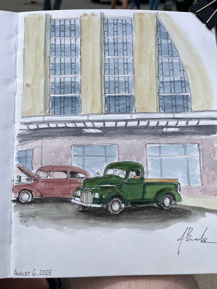 Watercolor sketch of a 1947 Ford pickup in front of Cincinnati Museum Center. 