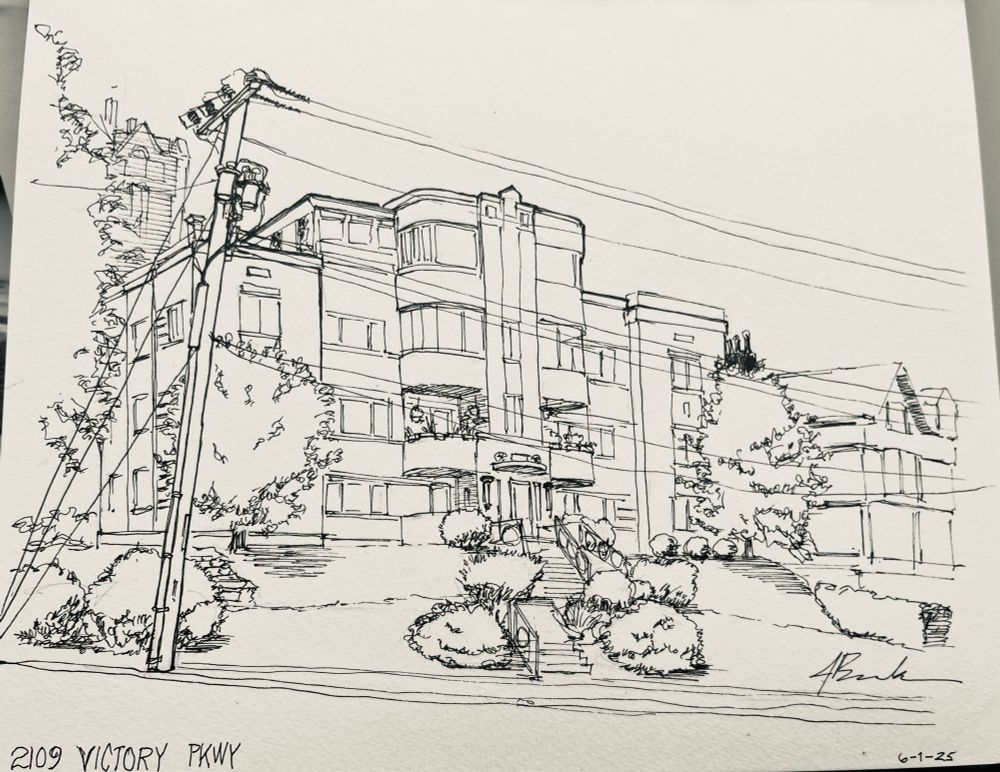 A pen and ink sketch of the Art Deco apartment building at 2109 Victory Parkway, across the street from the Twin Lakes section of Eden Park. 