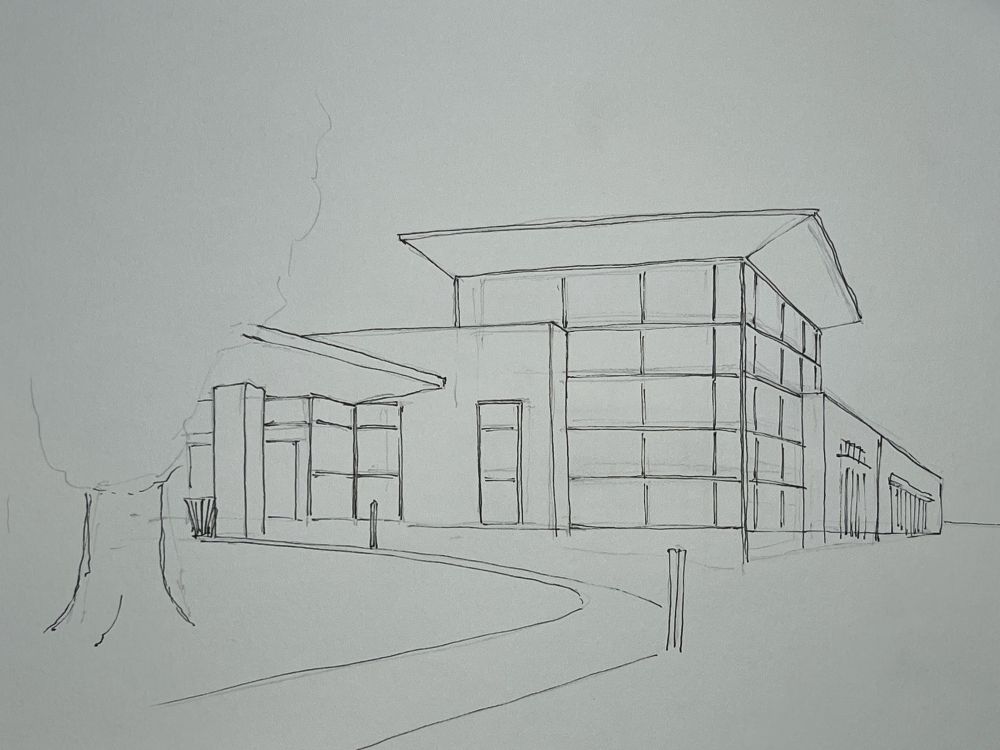 Reading Library exterior, inked underdrawing. 