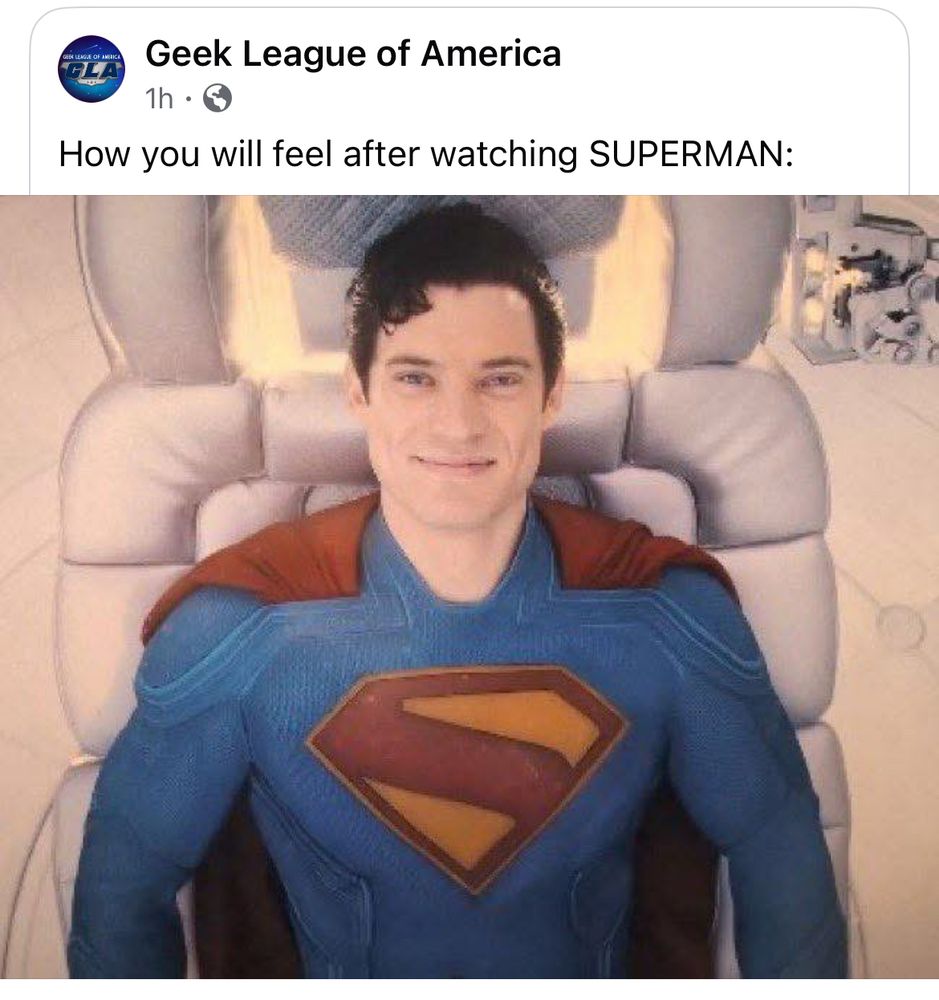 Screenshot of a Facebook post from Geek League of America showing Superman smiling in the fortress of solitude. 