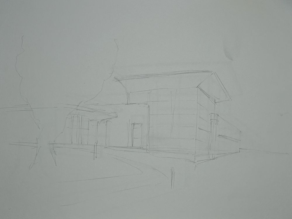 Reading Library exterior, pencil under drawing. 