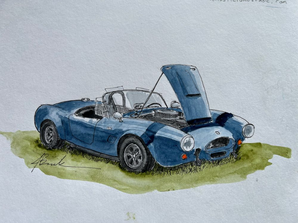 Watercolor sketch of a Shelby Cobra with the hood raised. 