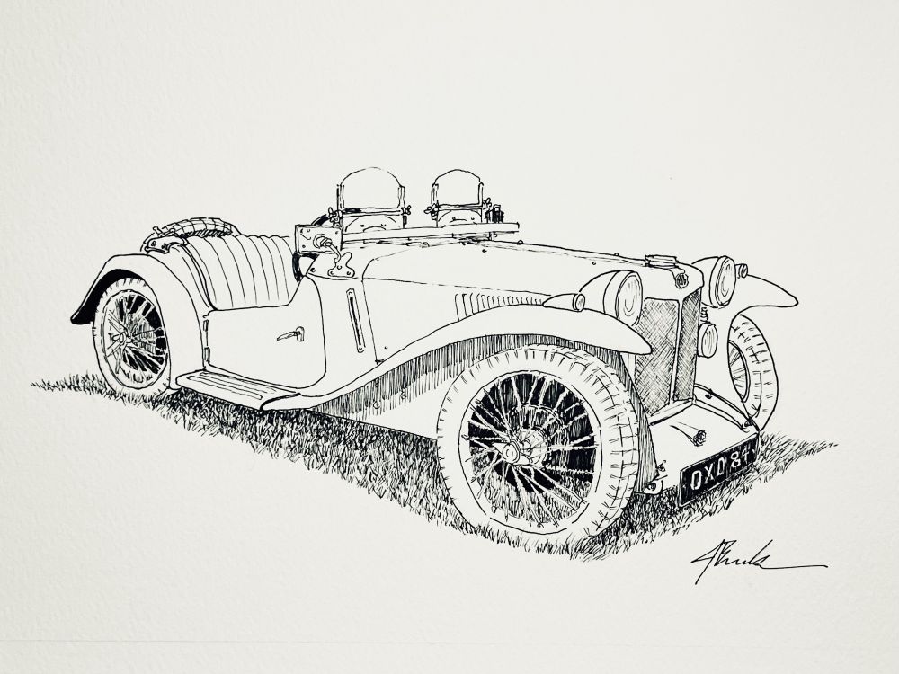 Pen and ink drawing of a 1935 MG PA. 