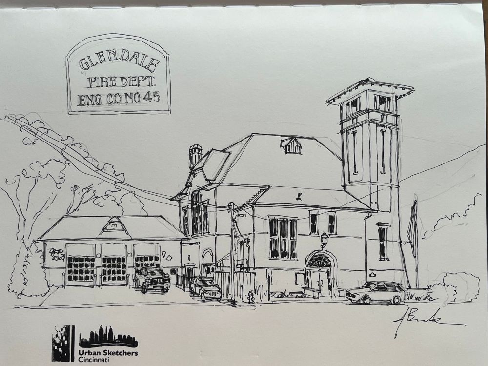 An ink sketch of the Glendale, OH, fire department. 