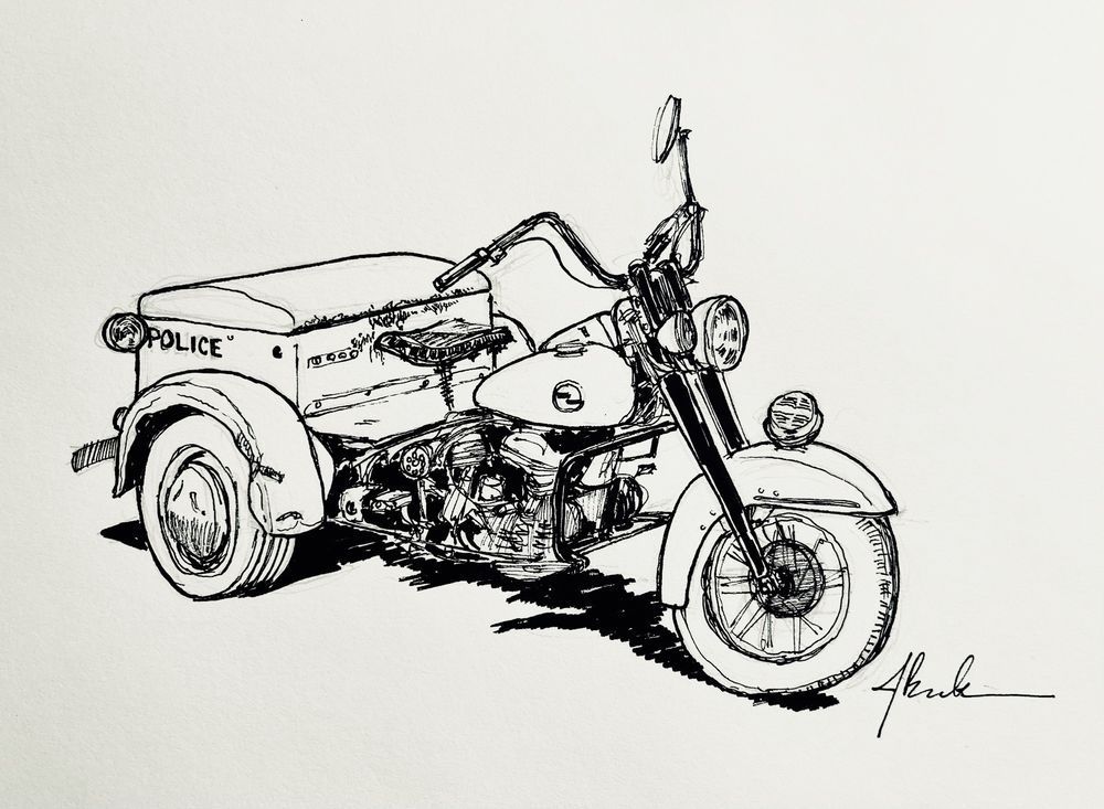 A pen and ink sketch of a Harley Davidson police trike. 