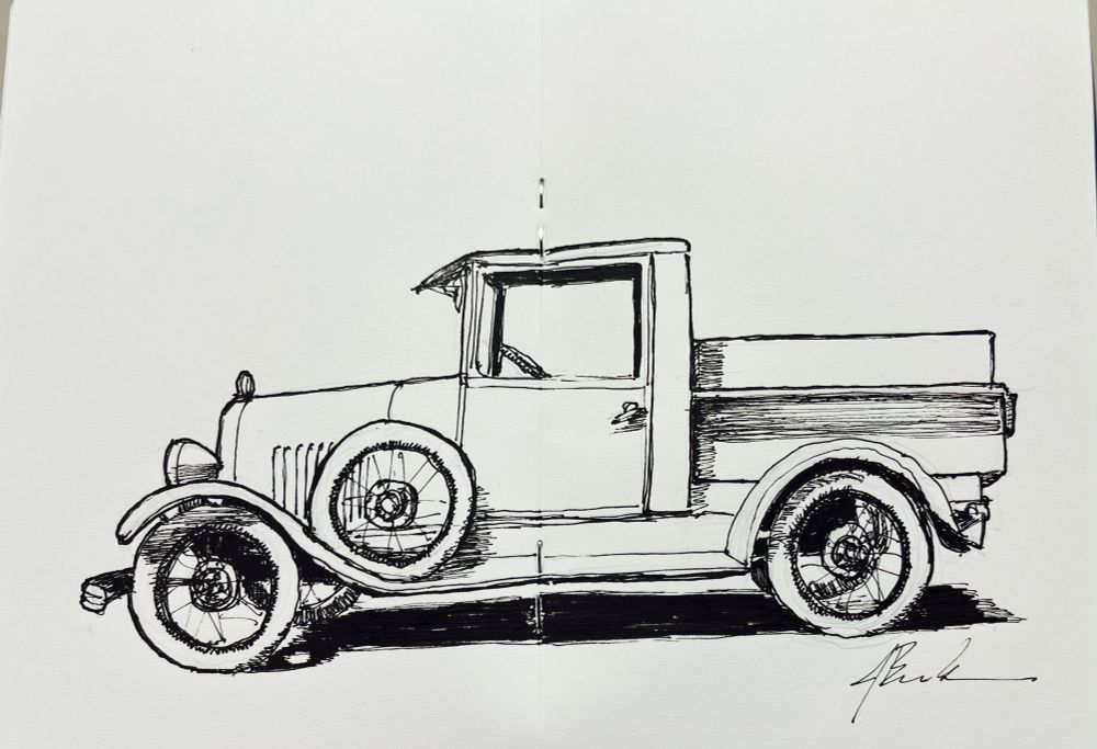 A pen and ink sketch of a Model A Ford truck. 