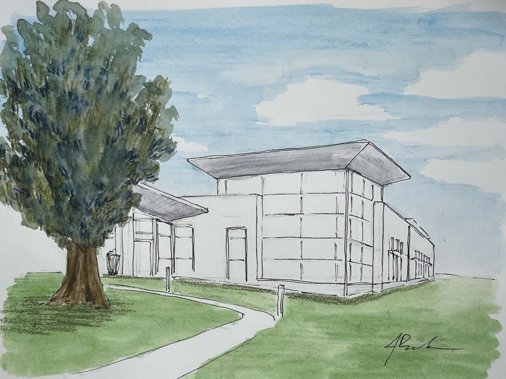 Reading Library exterior, inked drawing with watercolor pencil work underway. 
