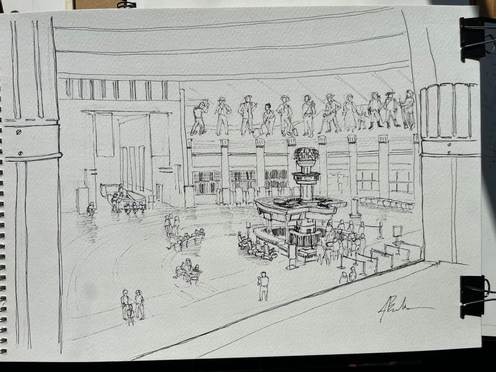 My pen and ink sketch of the Rotunda at Union Terminal, from the balcony above the entrance. 