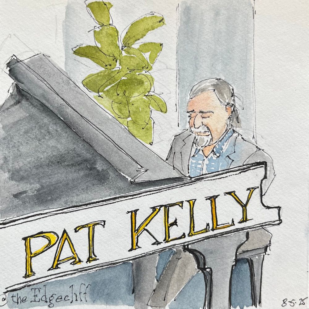 A watercolor sketch of Pat Kelly at the piano. 