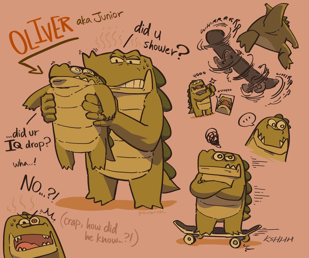 Artwork of a large crocodile named Scooty holding a smaller crocodile named Oliver, also known as Junior. Scooty telling Oliver, "did you shower?" while Oliver angrily remarks, "...did your IQ drop?". Stink lines are present over Scooty's head. Scooty revolts with "wha...! No..?!" while also telling himself in his head, "crap, how did he know...?!". On the right area of the image, Oliver is pulling off a cool skating trick while Scooty tries to take a picture with his photo, while saying "yooo". Instead, he accidentally takes a photo of himself from the front facing camera. Below it is an image of Oliver blushing quietly. The bottom right area of the image shows Oliver riding his skateboard, crossing his arms while making a stern face.