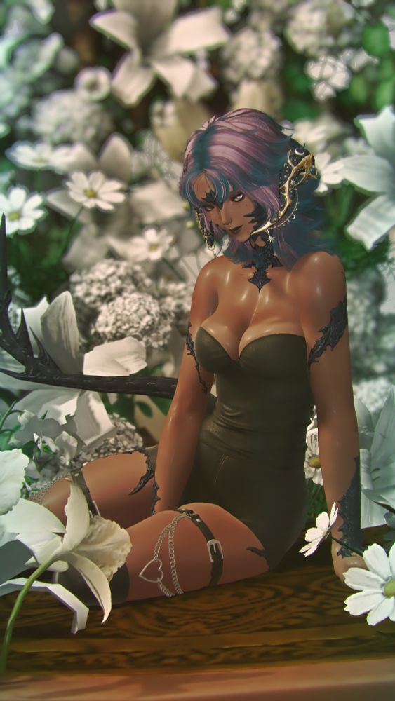 Llehs sitting seductively surrounded by white flowers. She is wearing a tight top and shorts along with heart chains on her legs. Her eyes are fixed on the viewer.