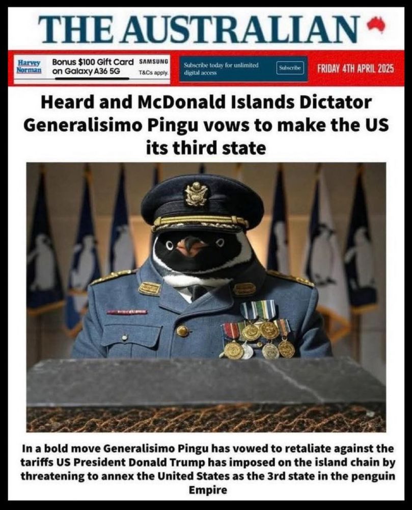 A picture of a penguin dressed up as a dictator in front of a podium. 