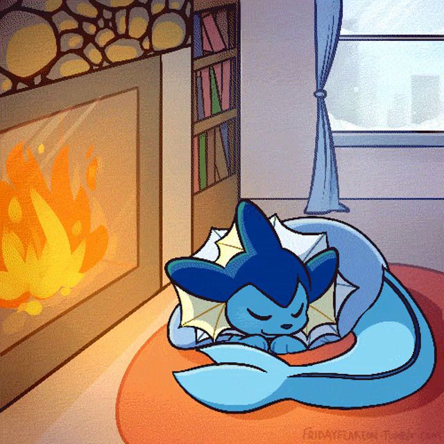 a drawing of a pokemon sleeping in front of a fireplace