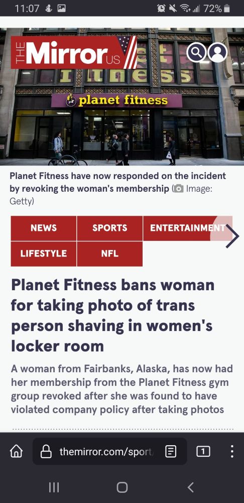 Screencap of news article, headline reads: "Planet Fitness bans woman for taking photo of trans person shaving in women's locker room"