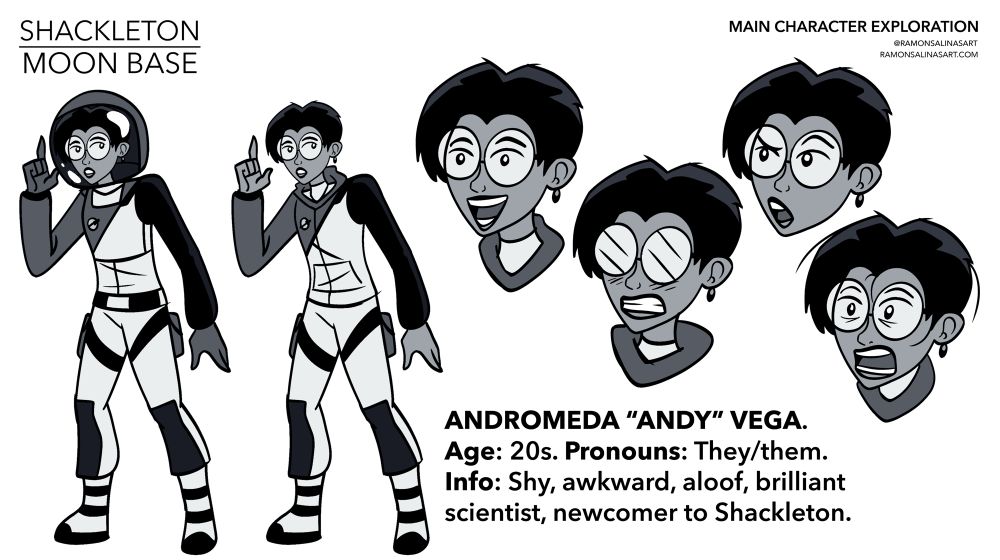 Character design sheet of my Shackleton Moonbase OC Andromeda “Andy” Vega. 20 something year old. Pronouns they/them. Shy, awkward, aloof, brilliant scientist and newcomer Shackleton. 