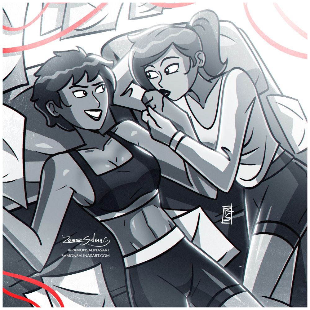 Digital illustration of my Detective Reyes characters Amanda and Liz lying in bed together surrounded by case papers. Liz kisses Amanda’s hand. 