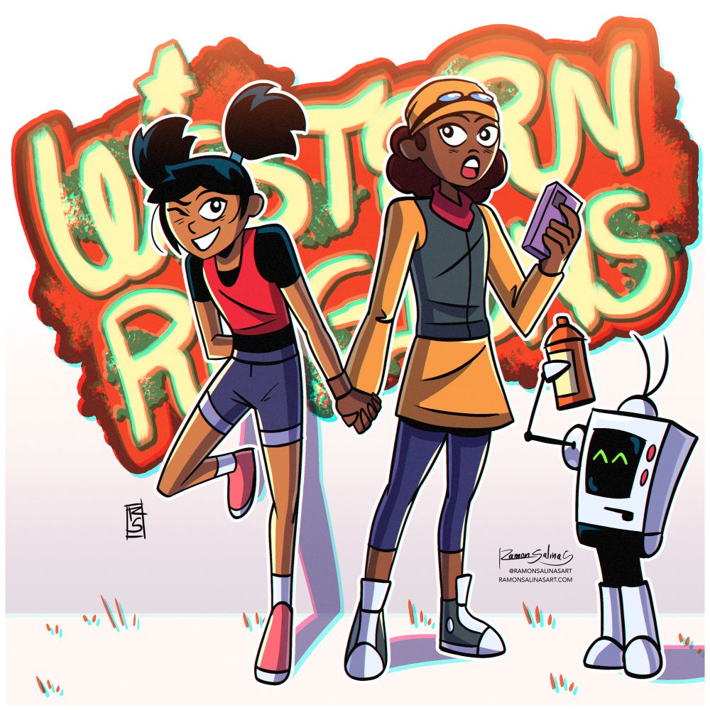 Digital illustration of my Western Regions webcomic characters Dakota, Sydney and DEBUG leaning on a wall that is graffiti spray painted with the Western Regions logo. 