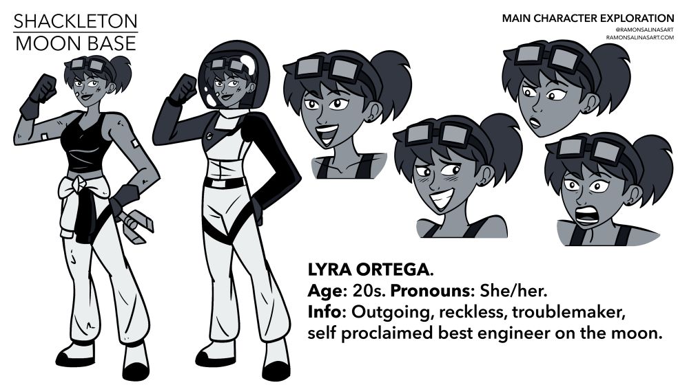 Character design sheet of my Shackleton Moonbase OC Lyra Ortega. 20 something year old. Pronouns she/her. Outgoing, reckless, troublemaker, self proclaimed best engineer on the moon. 
