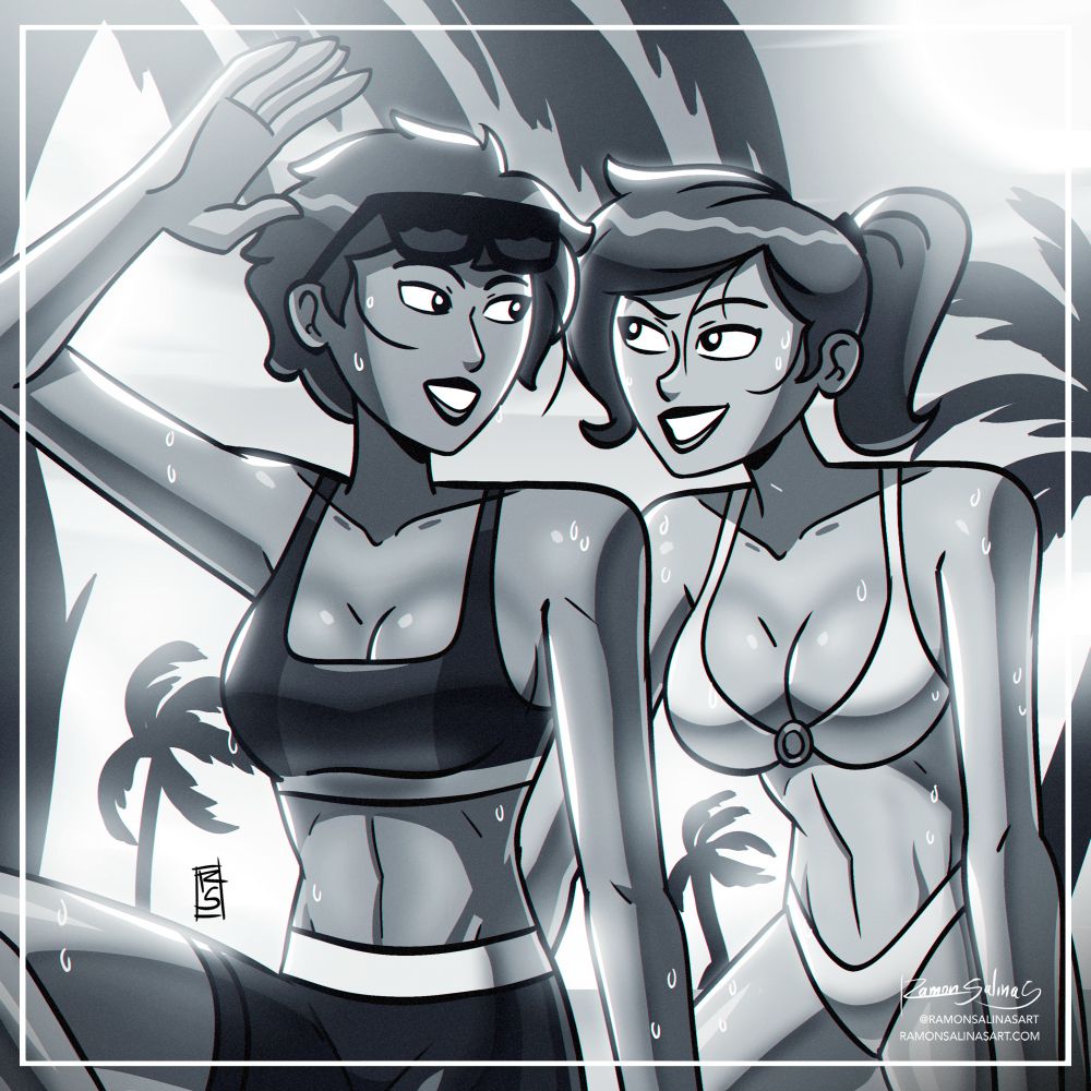 Digital illustration of my Detective Reyes webcomic characters Amanda and Liz on the beach under a palm tree.