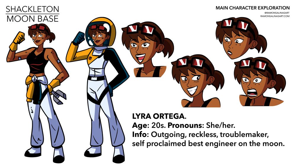 Character design sheet of my Shackleton Moonbase OC Lyra Ortega. 20 something year old. Pronouns she/her. Outgoing, reckless, troublemaker, self proclaimed best engineer on the moon. 