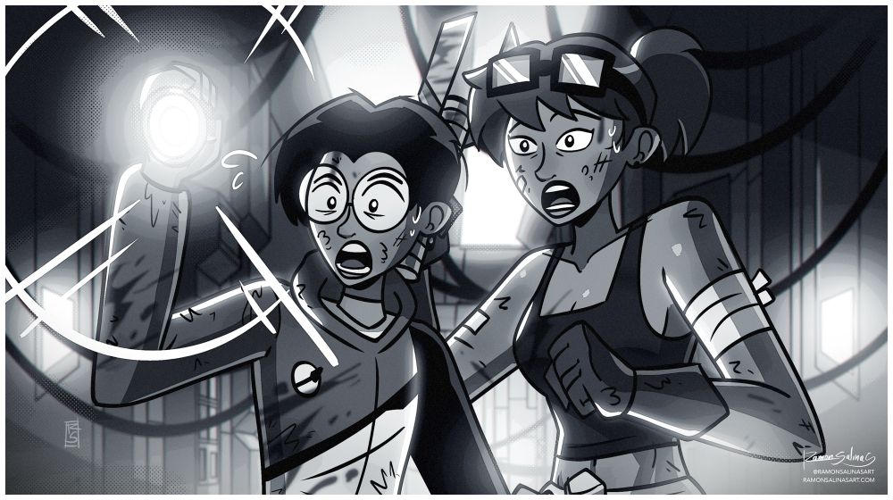 Digital illustration of my Shackleton Moonbase characters Andy and Lyra in a hallways looking startled at something off screen. 